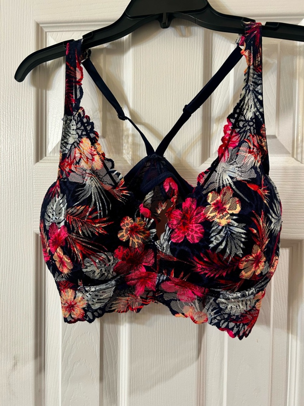 Victoria's Secret Navy Floral Lace Bralette with Pink & Coral Accents